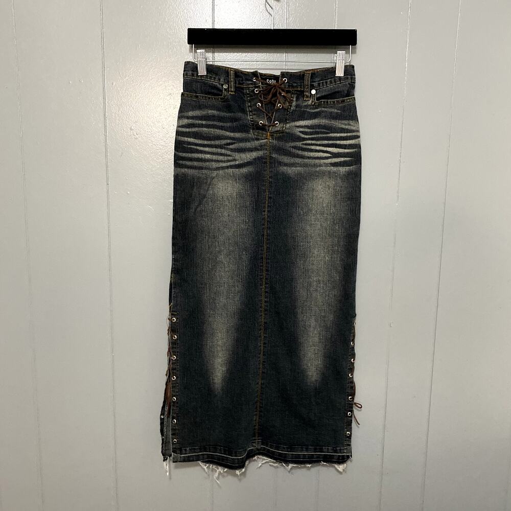 Vintage Y2K Street Code Blue Dark Wash Denim Lace Up Boho Midi Skirt 3/4